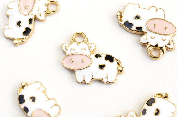 Cow Charms, White Black Enamel, Gold Toned Alloy Metal, 16mm x 20mm - 5  pieces (1062)